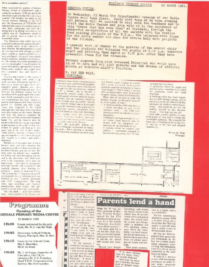 Historic newspaper articles and programmes about Risidale Primary media centre