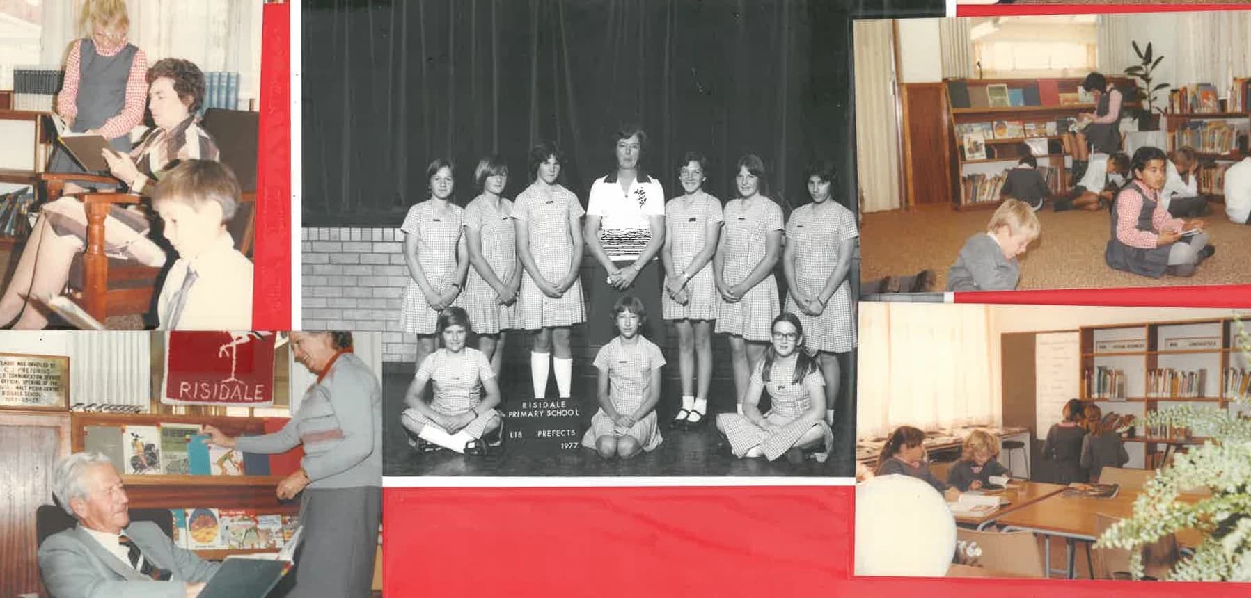 Collage of historic school photographs including learners, classrooms and library activities